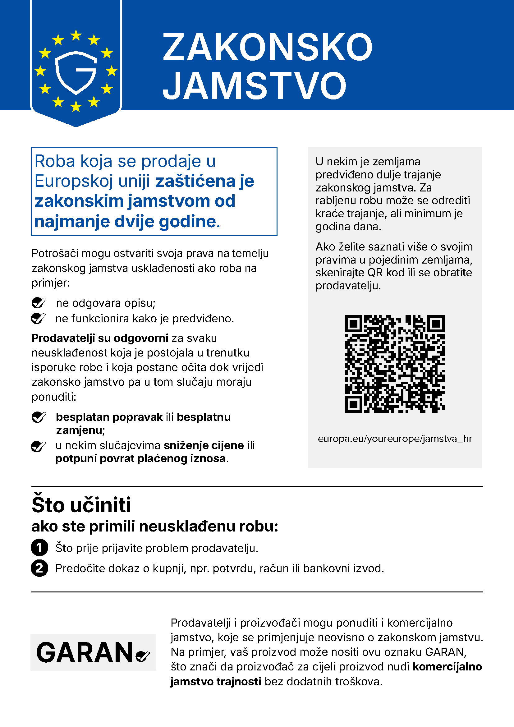 Obavijest o zakonskom jamstvu od najmanje dvije godine